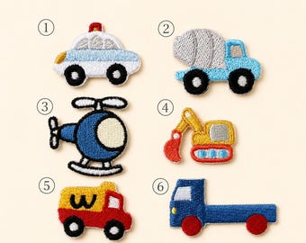 Écussons thermocollants miniatures de véhicules : camion de chantier, voiture de police, hélicoptère (broderie)