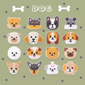 May include: A collection of embroidered dog patches in various breeds and colors, including tan, black, white, and gray. The word "DOG" is displayed above the patches, along with bone shapes and small star accents on a green background.