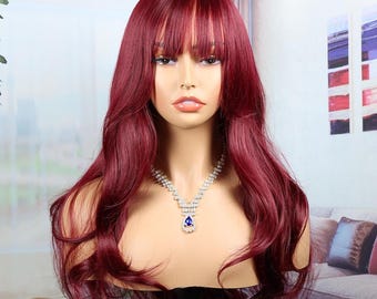 Wine red Wig ,Elegant Mermaid Waves Wig - Rose Red Long Curly Hair with Air Bangs, Cosplay Wigs