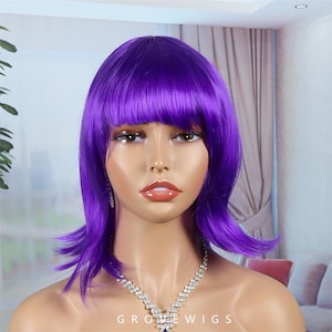 Purple wig,  Lavender Anime Bob Wig - ,Fringe Synthetic Short straight Hair for Vocaloid, Reactive Pastel Wig with bangs, Cosplay Wigs