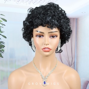 Black wig, Short Black Curly Wig - Voluminous Afro Bob Synthetic Hair with Tight Curls, Lace Front,cosplay wig