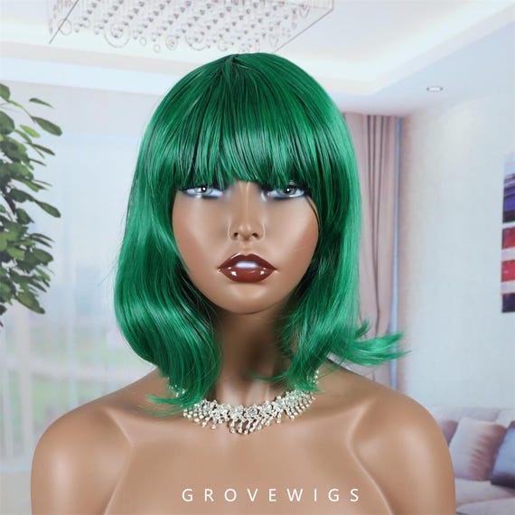 Green Wig,short Bob Wig With Blunt Bangs Anime Cosplay Synthetic