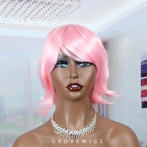 Roze pruik, cosplay pruiken, anime roze korte bob pruik met pony - rechte stompe pony synthetisch cosplay haarstukje, pastel halloween kostuum pruik