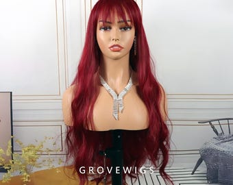 Wine red Wig ,Wave Long Hair Full Head Cap in Magenta Realistic Small Curly Bangs and Deep, Cosplay Wigs