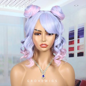 Lila Perücke, Harajuku Pastell Perücke - Blau Lila zu Pink Lolita Haar mit Dutts | Cosplay tägliche Abnutzung, Cosplay Perücken
