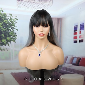 Ombre Black to Gray Wavy Wig - Long Curly Hairpiece with Full Bangs , Cospaly Wig