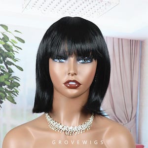 Black wig Cosplay Wigs ,Trendy Black Short Wig with bang- Inward Curled Ends & Face-Framing Bangs