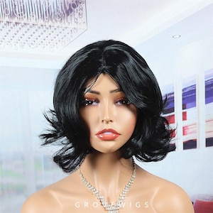 Black wig, Black Short Curly Wig - Voluminous Afro Textured Bob with Middle Part, Synthetic Full Cap,cosplay wig