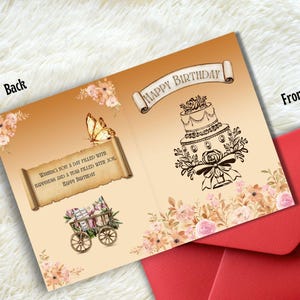 vintage charm Happy Birthday Card DIGITAL Download - Printable Birthday Card Featuring vintage cake and water color vintage flower