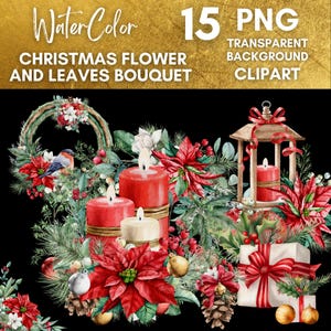 Buquê de flores e folhas de Natal Clipart PNG com fundo transparente | Arranjo floral de férias | Arte digital festiva para artesanato