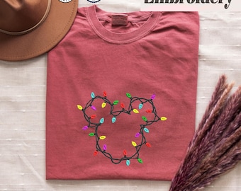 Mickey Head Christmas Embroidery Comfort Colors Tee, Christmas Lights Tee, Disney Mickey Christmas Shirt, Disneyland Family Matching T-Shirt