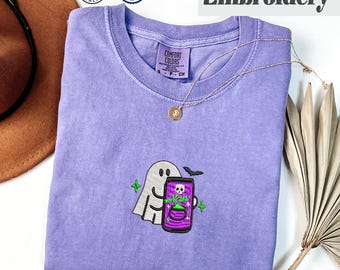 Embroidered Spooky Ghost Comfort Colors Tee, Ghost With Energy Drink Fall Tee, Spooky T-Shirt, Halloween Gift, Funny Gift, Funny Ghost Shirt