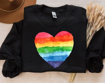Rainbow Heart Sweatshirt , Custom Name Sleeve Print ,Custom Lgbt Sweater, Lesbian Gay Hoodie ,Pride Month Sweat, Personalized Lgbt Tee