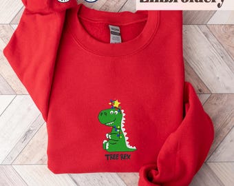 Tree Rex broderatröja, söt julluvtröja, broderad rolig julfesttröja, juldinosaurie T-Rex-luvtröja, julgran