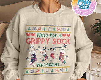 Christmas Grippy Sock Vacation Ugly Sweater PNG Shirt Designs, MentFunny Self Care, Go Therapy, Take Your Meds, Fall Prevention, Fall risk