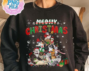 Meowy Christmas PNG, Cute Cats Sweater Sublimation Design, Christmas Holiday T-Shirt Graphic Download