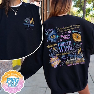 Puede incluir: Sudadera negra con un diseño gráfico colorido que presenta un dragón, un castillo y el texto "Jairn", "Shadow Xaddy", "Violence", "Fourth Wing", "Riders Quadrant", "Andarne" y "I Will Not Die Today".