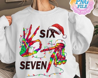Meme PNG de Noël 67, Six Seven 67 Meme PNG squelette, drôle de squelette Noël Clipart, signe de la main Sendy rétro téléchargement numérique par sublimation