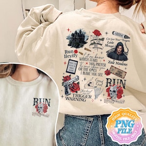 May include: A beige sweatshirt with a graphic print of a skull, a gun, and text that says "Run licyify", "Let me know which stars you prefer", "The ones above you or the ones I make you see", "Good Girl", "You had me at trigger warning", "Cat Got Your Tongue, Little Mouse?", "Zade Meadows", "Run", "Little Mouse".