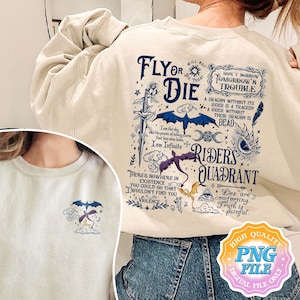 Puede incluir: Una sudadera beige con un estampado gráfico de un dragón y una espada. El texto en el gráfico dice "Fly or Die" y "Riders Quadrant".