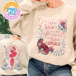 Könnte beinhalten: Ein beiger Pullover mit einem grafischen Design, das einen Fuchs und den Text "Every story has the potential for infinite endings" zeigt.