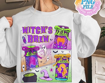 May include: White sweatshirt featuring a colorful graphic design with the text "Witch's Brew." The design includes images of energy drink cans, a witch's hat, a cauldron, ghosts, and a spider web, all in a Halloween theme.