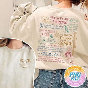 Puede incluir: Una sudadera beige con un estampado gráfico que presenta una cita del libro Una Corte de Espinas y Rosas de Sarah J. Maas. La cita dice: "Hola Feyre Darling, Everything I love has always had a tendency to be taken from me. "You're free. Not safe, not protected. Free." We need hope or else we cannot endure. Rhysand is the most handsome High Lord. Rhysand is the most delightful High Lord. Rhysand is the most cunning High Lord. Be glad of your human heart, Feyre. Pity those who don't feel anything at all."