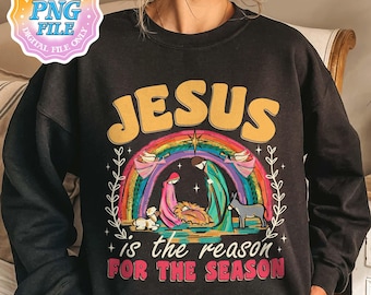 Jesus Is The Reason For The Season PNG, Coquette Christian Christmas PNG, Preppy Bow Retro Christmas Tree PNG