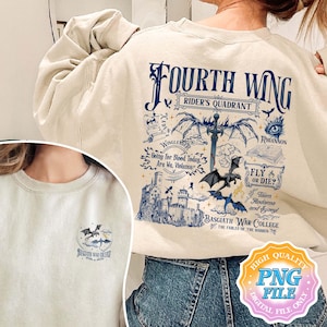 May include: A beige sweatshirt with a blue graphic print on the back. The graphic features a dragon, a sword, and the text "Fourth Wing Rider's Quadrant". The text "Fly or Die?" is also included in the graphic.