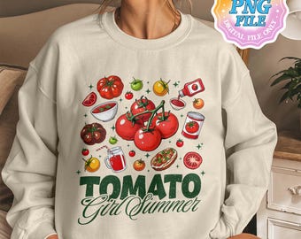 Tomaat meisje zomer digitale PNG-download, tomaat instant download ontwerpen, tuinshirt, boerenmarkt PNG-clipart, cadeau voor tuinman