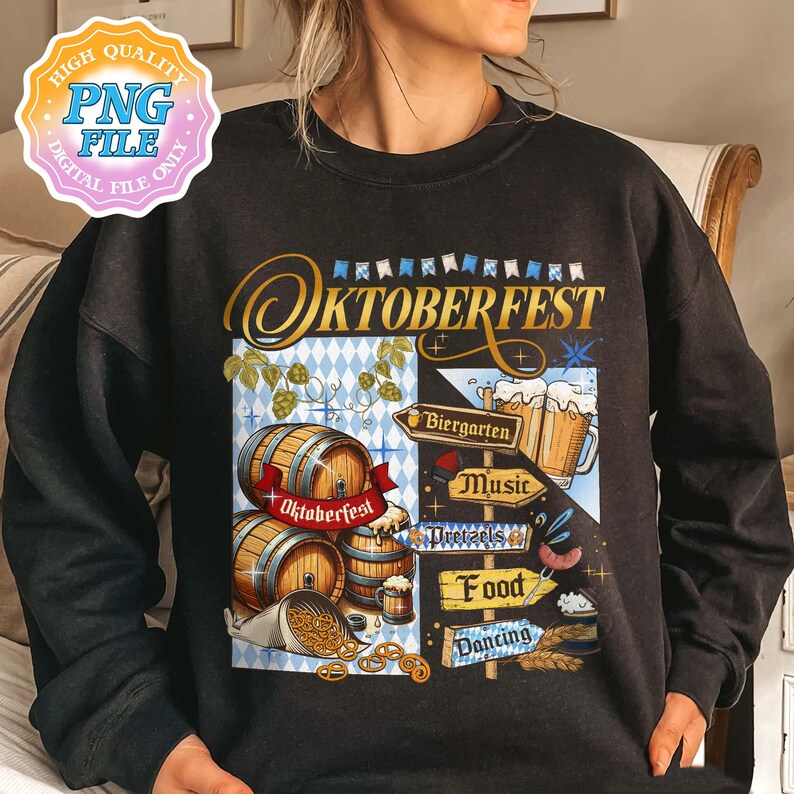 May include: Black sweatshirt with an Oktoberfest design. The graphic includes wooden barrels, pretzels, beer steins, and directional signs pointing to Biergarten, Music, Pretzels, Food, and Dancing. The word "Oktoberfest" is prominently displayed.