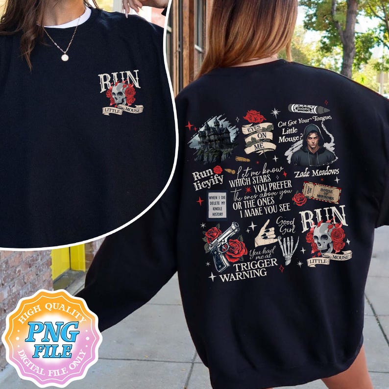 May include: Black sweatshirt with a graphic print of a skull with roses and the text "Run Licyify" and "Run" with a skull and roses. The text "Eyes on me" and "Cat got your tongue, Little Mouse?" are also included in the graphic.