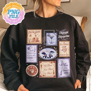 May include: Black sweatshirt featuring a collage of vintage-style postage stamps with witchy and botanical themes. Stamps include text like "Owens House," "Midnight Margaritas," and "My Blood Your Blood Our Blood." The design incorporates illustrations of a cocktail, a witch, and herbs.