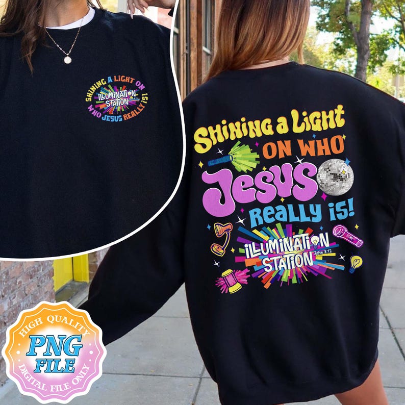 May include: Black sweatshirt with the text "Shining a Light on Who Jesus Really Is!" in colorful, stylized lettering. The design includes a disco ball, microphone, and other graphic elements. The front of the sweatshirt has a smaller version of the design.