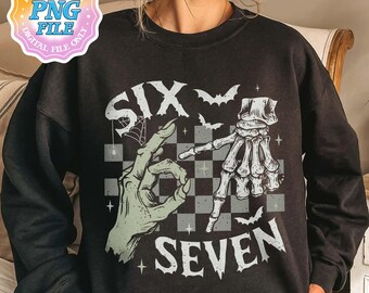 Six Seven 67 Meme squelette PNG, drôle de squelette Halloween Clipart, main Sendy rétro en téléchargement numérique Sublimation
