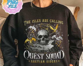 May include: Black sweatshirt with a graphic design of a skull with wings and the text "The Isles Are Calling" and "Quest Squad Aretian Riders".