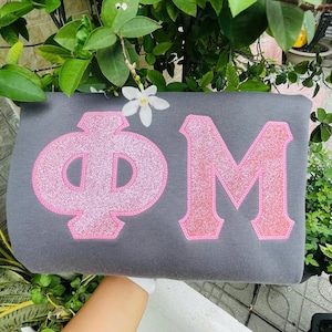 Sorority Glitter Greek Letter Embroidered Sweatshirt – Custom Glitter Appliqué Greek Crewneck – Big Little Gift – Sorority Spirit Sweater