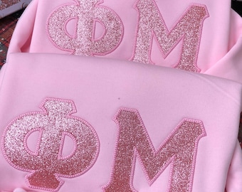 Sorority Glitter Greek Letter Embroidered Sweatshirt – Custom Glitter Appliqué Greek Crewneck – Big Little Gift – Sorority Spirit Sweater