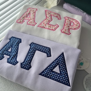 Sorority Appliqué Embroidered Sweatshirt – Custom Greek Letters Crewneck – Floral & Polka Dot Sorority Sweater – Greek Life Apparel