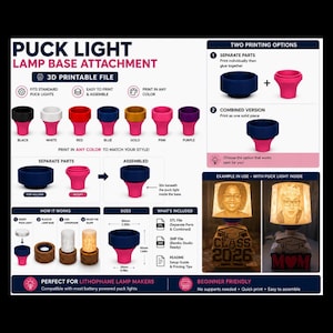 May include: A 3D printable file for a puck light lamp base attachment. The graphic displays two printing options, assembly instructions, and dimensions of 2.20 inches by 1.65 inches by 0.98 inches. It shows various color combinations and examples of the base holding a lithophane lamp.