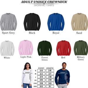 The image is a collage of various crew neck T-shirt designs in different colors and styles, along with measurements for each design.