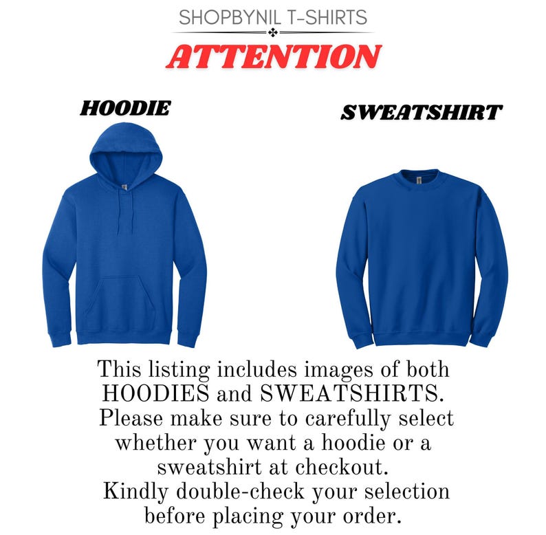 two blue hoodies and two blue sweatshirts, with a caption indicating that this listing includes images of both hoodies and sweatshirts. The text advises the viewer to carefully select whether they want a hoodie or a sweatshirt at checkout, and to double-check their selection before placing their order.