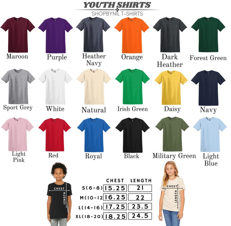 a collection of youth t-shirt designs in various colors and styles, along with the corresponding chest length measurements for each design.
