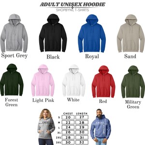 a collection of adult unisex hoodies in various colors and styles, including sport grey, black, royal, sand, forest green, light pink, white, red, military green, and a gray hoodie with a chest size chart.