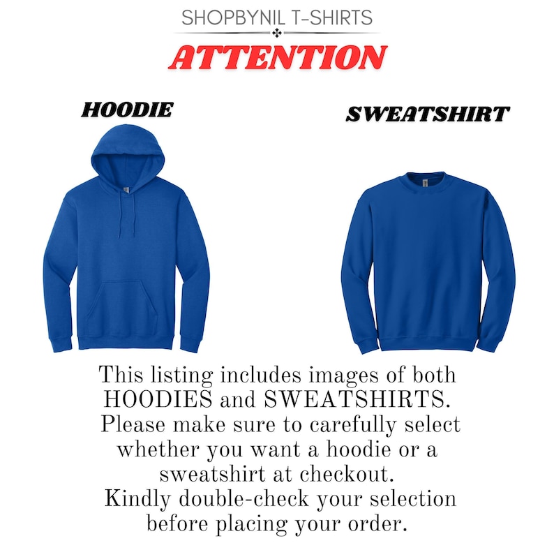 two blue hoodies and two blue sweatshirts, with a caption indicating that this listing includes images of both hoodies and sweatshirts. The text advises the viewer to carefully select whether they want a hoodie or a sweatshirt at checkout, and to double-check their selection before placing their order.