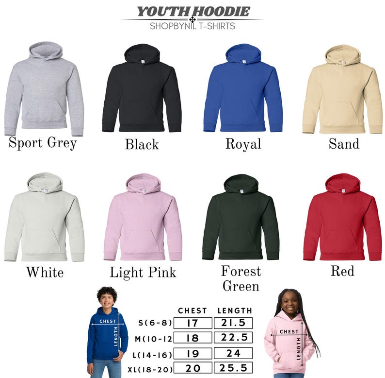 a collection of youth hoodie designs in various colors and styles, including sport grey, black, royal, sand, white, light pink, forest green, red, and pink. The hoodies are arranged in a grid format, with each row representing a different color and each column representing a different style. The image also includes a young girl wearing a pink hoodie, providing a visual representation of the available sizes and styles.