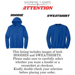 two blue hoodies and two blue sweatshirts, with a caption indicating that this listing includes images of both hoodies and sweatshirts. The text advises the viewer to carefully select whether they want a hoodie or a sweatshirt at checkout, and to double-check their selection before placing their order.