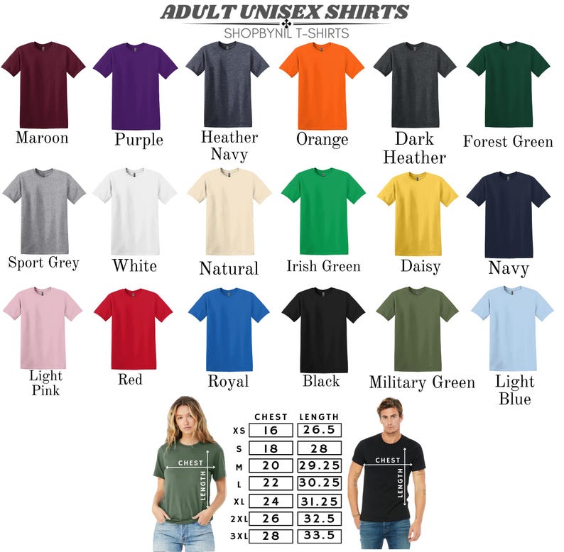 a collection of 16 adult male and female t-shirt designs in various colors and styles, including maroon, purple, navy, orange, dark Heather, forest green, sport grey, white, natural, Irish green, daisy, navy, light pink, red, royal, black, military green, light blue, and light grey. The t-shirts are arranged in a grid format, with each design and color listed along with its corresponding chest size.