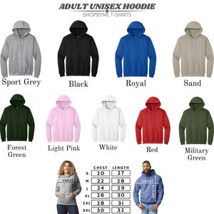 a collection of adult unisex hoodies in various colors and styles, including sport grey, black, royal, sand, forest green, light pink, white, red, military green, and a gray hoodie with a chest size chart.