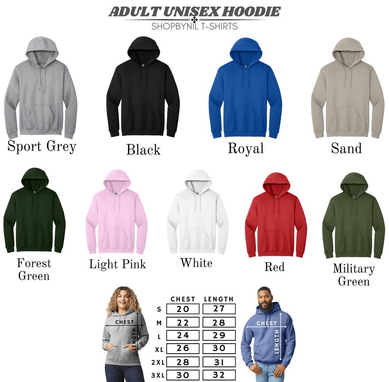 a collection of adult unisex hoodies in various colors and styles, including sport grey, black, royal, sand, forest green, light pink, white, red, military green, and a gray hoodie with a chest size chart.